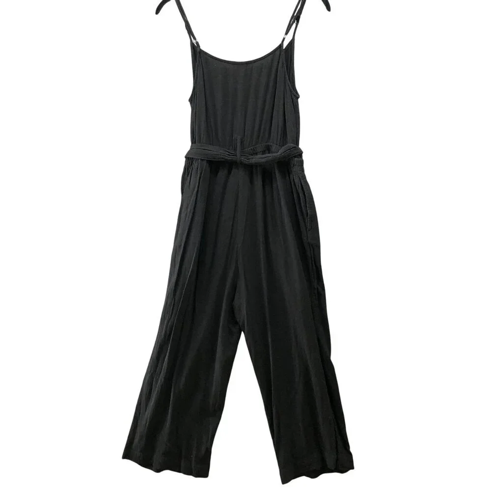 H&M Linen Blend Cami Jumpsuit Womens 4 Black‎ Tie Waist Relaxed Wide Leg Crop